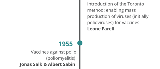 1952 / 1953: Introduction of the Toronto method: enabling mass production of viruses (initially polioviruses) for vaccines - Leone Farell; 1955 / 1961: Vaccines against polio (poliomyelitis)  - Jonas Salk & Albert Sabin
