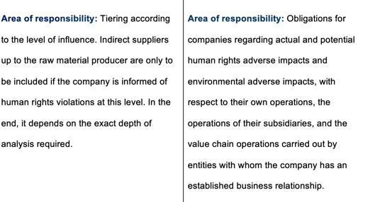 Area of responsibility: Tiering according to the level of influence. Indirect suppliers up to the raw material producer are only to be included if the company is informed of human rights violations at this level. In the end, it depends on the exact depth of analysis required. ; Area of responsibility: Obligations for companies regarding actual and potential human rights adverse impacts and environmental adverse impacts, with respect to their own operations, the operations of their subsidiaries, and the value chain operations carried out by entities with whom the company has an established business relationship. 